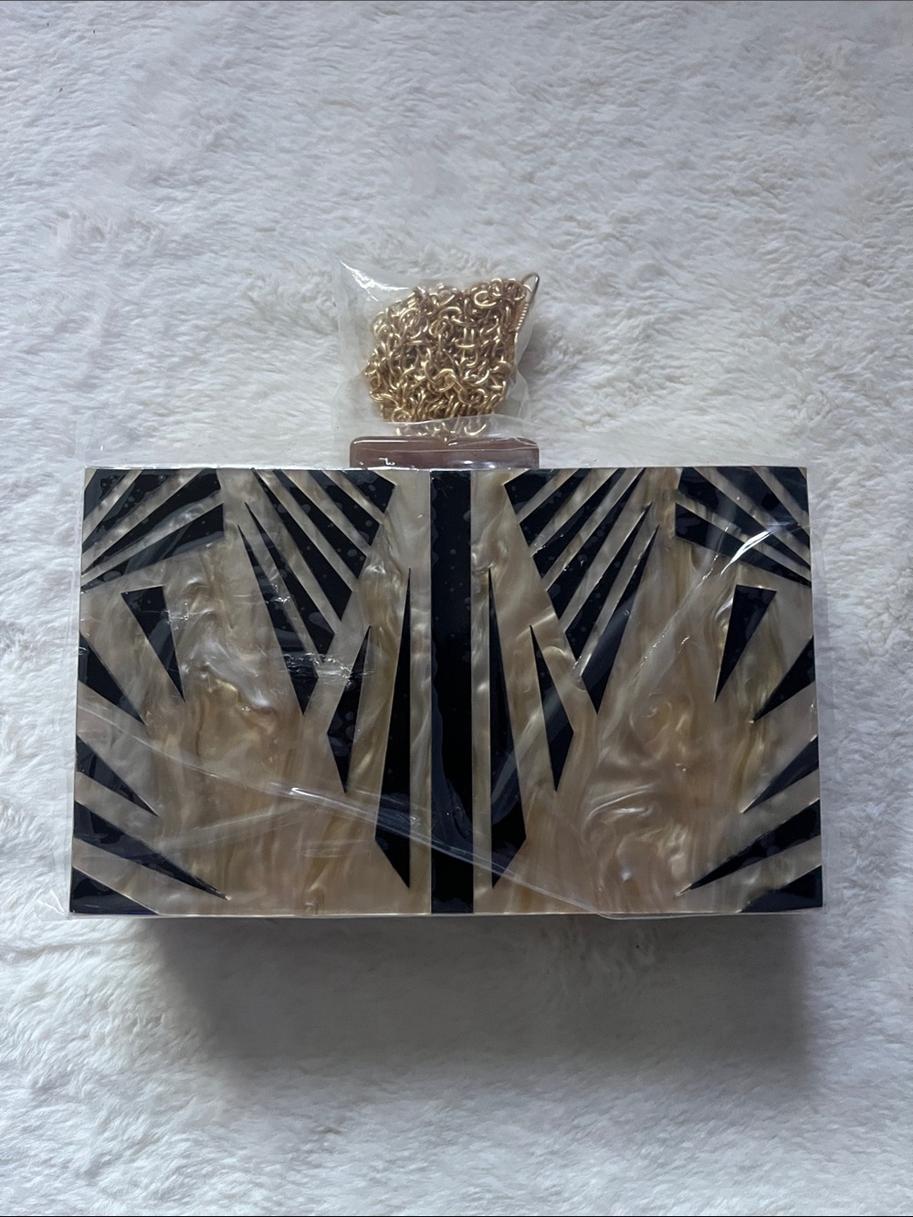 Pearlescent Black Geometric Acrylic Clutch with Gold Chain